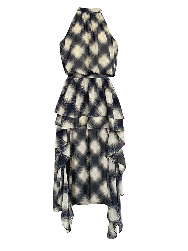 Asymmetrisches Khaki Plaid Neck Sleeveless Top High-Low Uniaue Halter