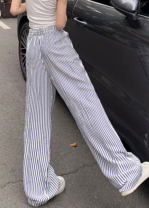 Neue blau gestreifte Taschen elastische Taille Baumwollhose Sommer NN003