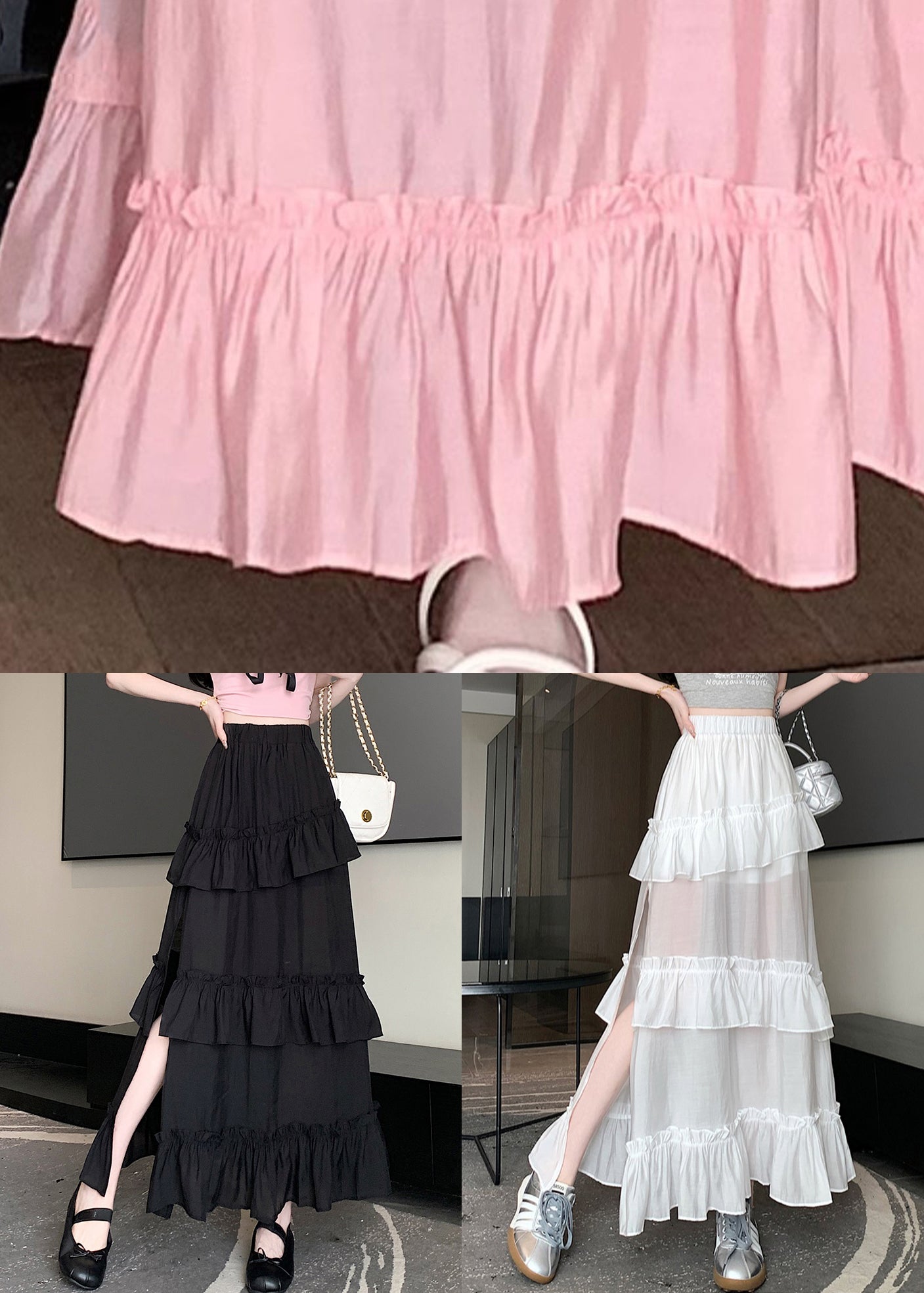 New Black Ruffled Elastic Waist Cotton Skirt Summer NN015