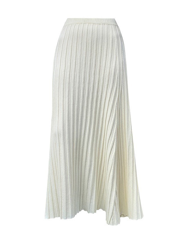 Kurzer Khakifarbener, hoch taillierter, plissierter, gestreifter A-Linien-Strickrock TW006