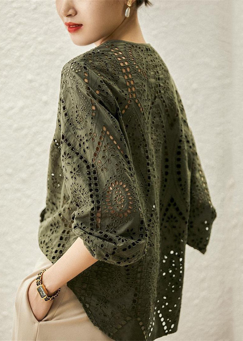 Khaki Out Hollow Blusen Frauen Ärmel O Leichte Baumwolle Langer Hals
