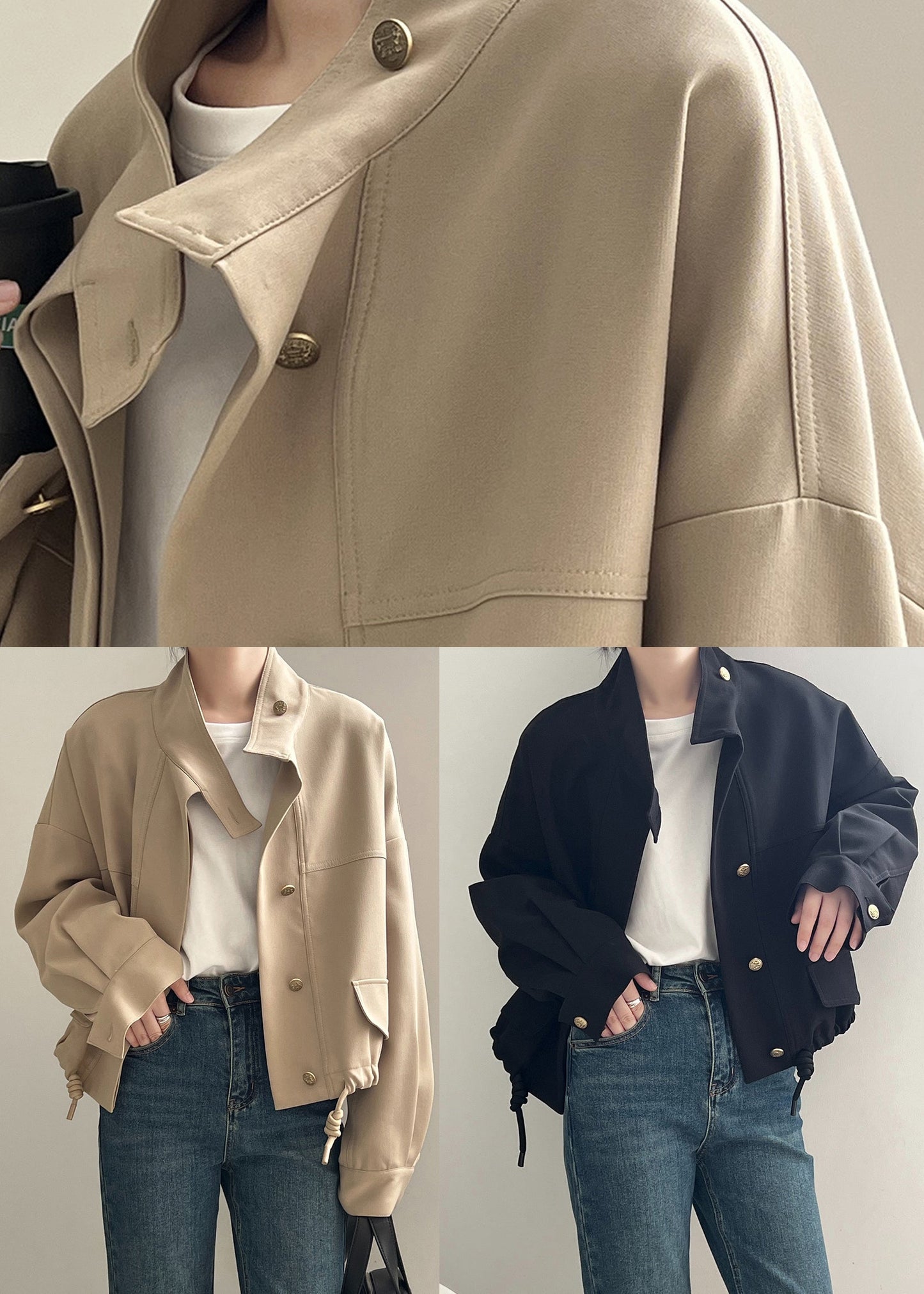Schwarze Baumwolljacke mit Knopfleiste, Stehkragen, Kordelzug, Herbst AF1083