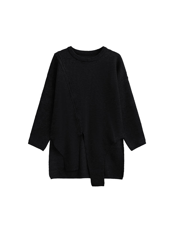 Street Grey Rundhals-Reißverschluss-Dekor Unregelmäßiger High-Low-Saum Langarmpullover AN1067