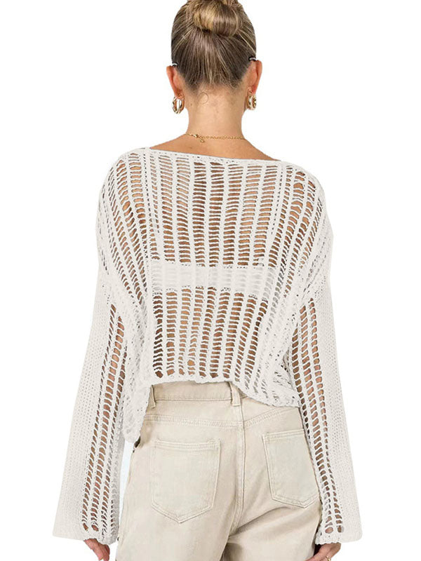 Cache-maillots en tricot blanc ample à col rond et manches longues ajourées et transparentes WS007