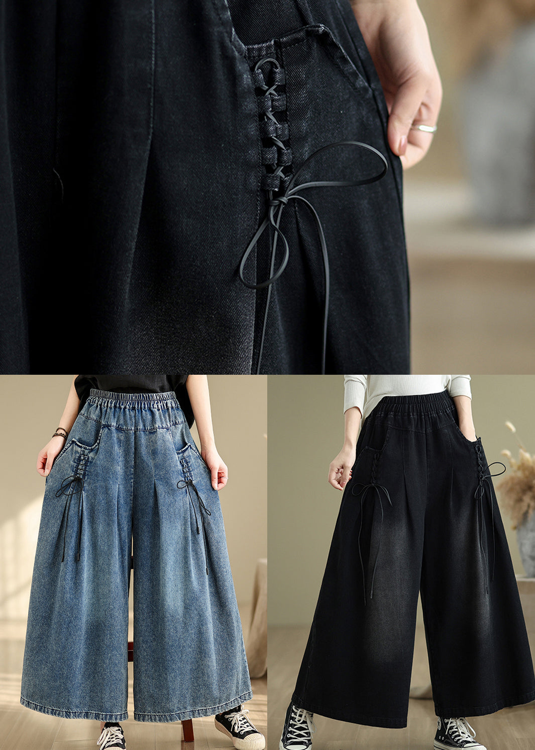Sommerhose Träger Breit Wrinkled Denim Blau Cross Leg