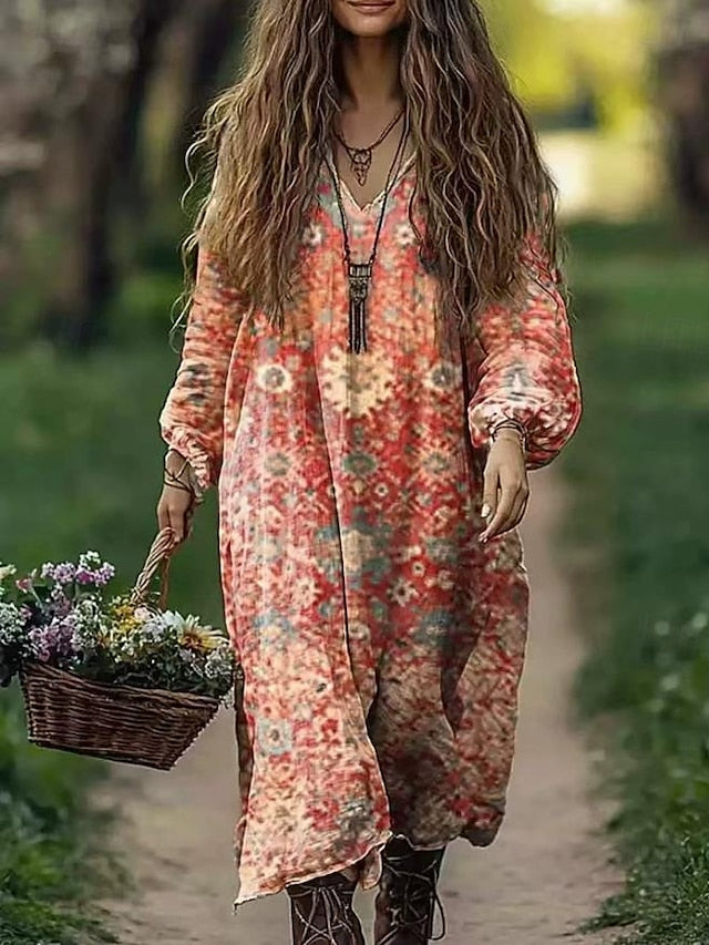 Women's Boho Dress Floral V Neck Maxi Dress Vintage Dress