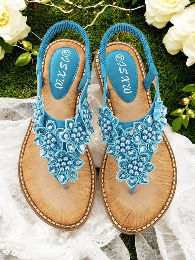 Beaded Comfortable Slip-Ons Floral Design with Flat