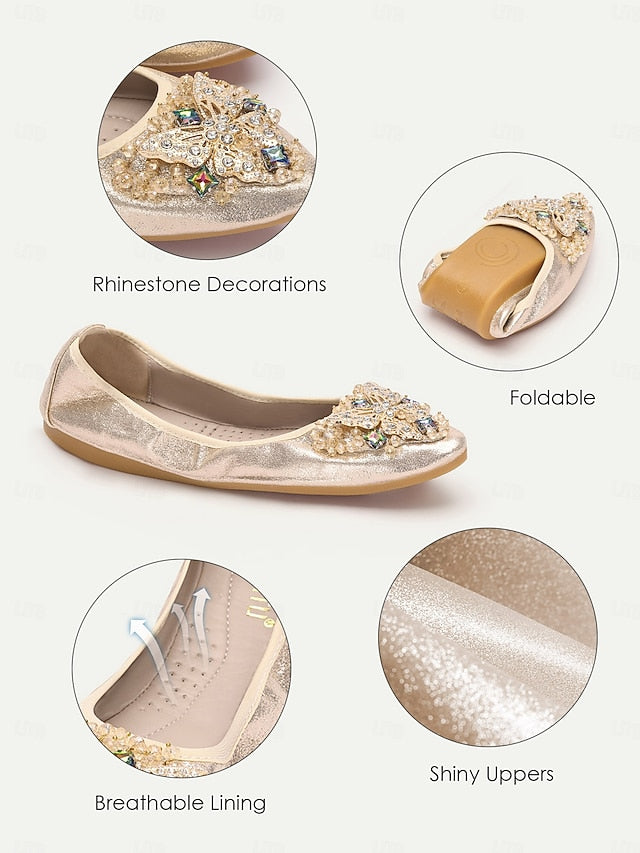 with Gold Crystal Glitter Foldable Flats Women's