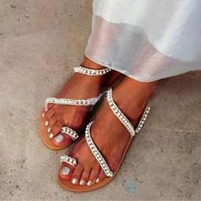 Flat Women's Pearl-Embellished Strappy – Elegant Sandals