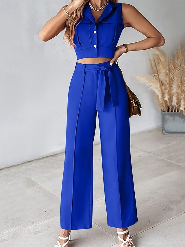 Women's Pants Sets Bolero Top Sleeveless Shirt Collar Plain