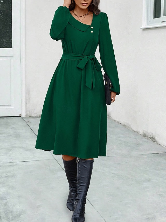Women's Midi Dress Elegant Dark Green Long Sleeve Belted