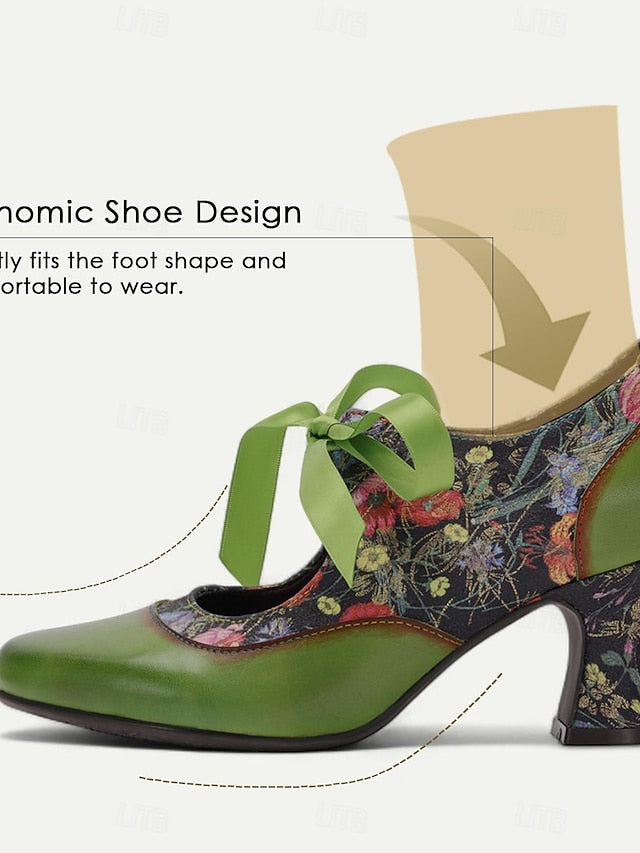 Floral Women's Green Jane Leather with Mary Print Heels