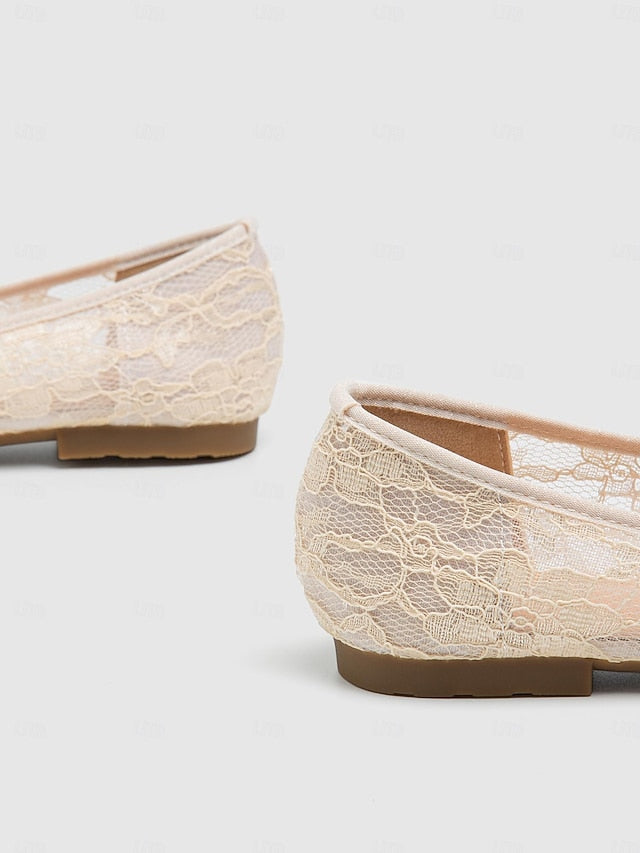 Beige Flats Ornate with Ballet Lace Women's Elegant