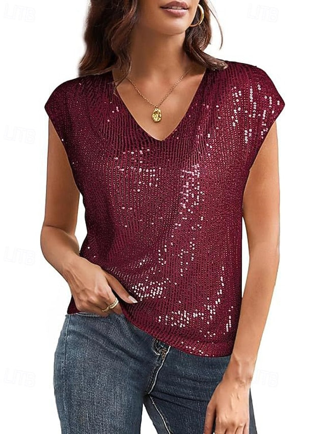 Women's T Shirt Tee Top Sequins Striped Fashion Short