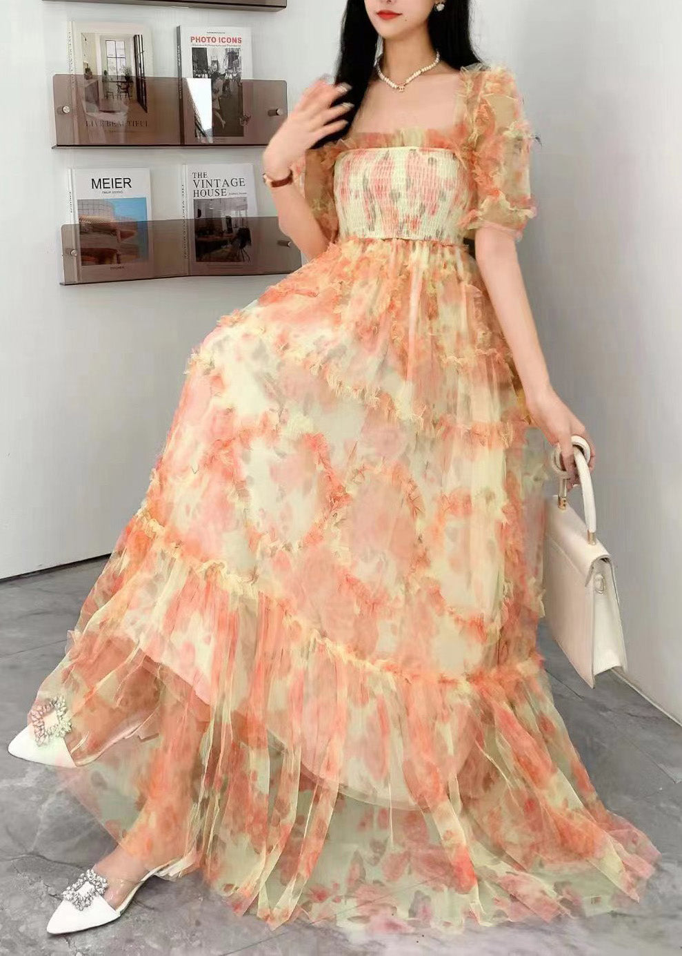 Robe longue en tulle imprimé à volants et col carré violet princesse été AZ1006