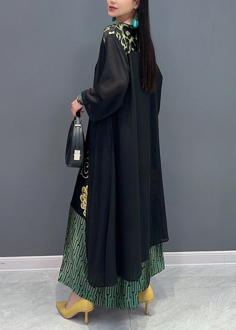 Robe imprimée en deux pièces noire ample à col en V pour l'été AO1065