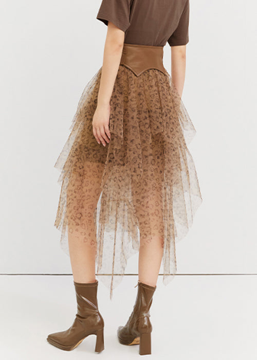 Schicker Leoparden-Tüllrock mit asymmetrischer hoher Taille und Sommer-QP059
