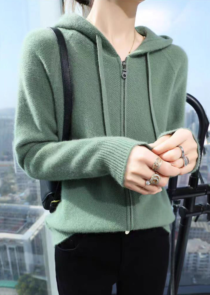 Eleganter beigefarbener Kapuzen-Strickmantel aus massiver Baumwolle mit Reißverschluss für den Herbst QX027