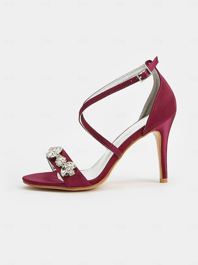 Stiletto Women's Purple Rhinestone Satin Heels Straps with