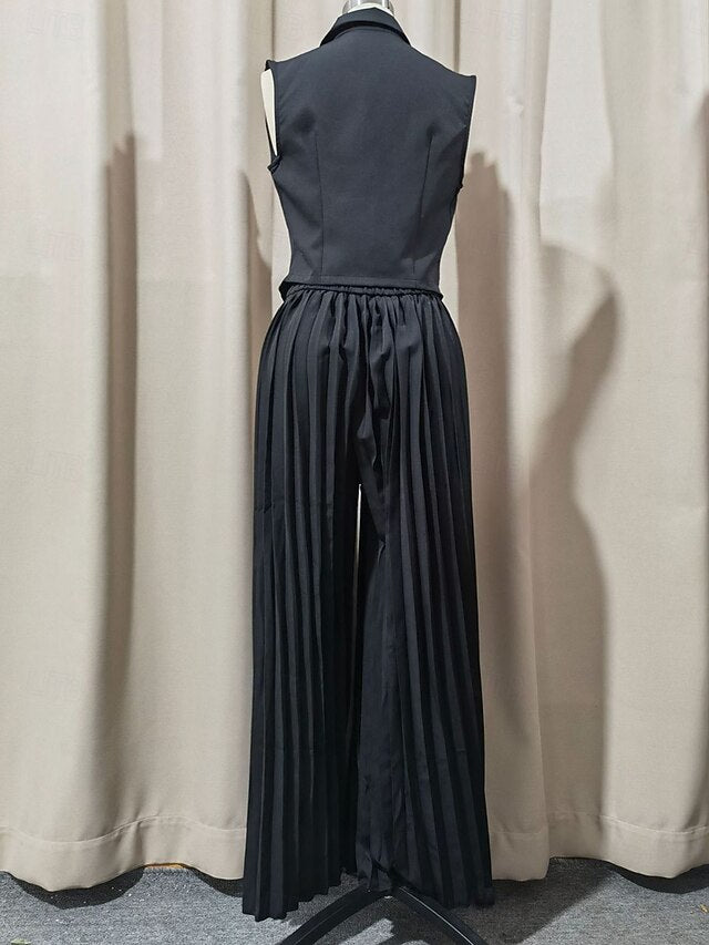 Women's Pants Sets Sleeveless V Neck Solid Color Ruched