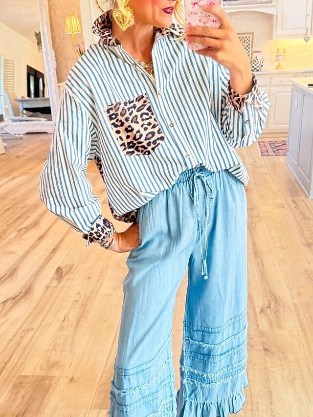 Women's Blouse Buttons Print Leopard Striped Stylish Casual