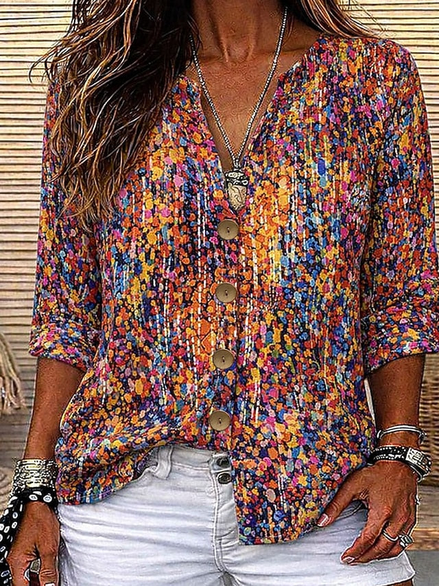 Women's Shirt Tunic Summer Tops Buttons Graphic Geometric