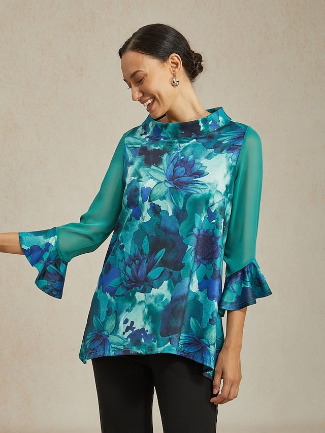 Women's Blouse Green Tie Dye Floral Stretch Knit Pullover
