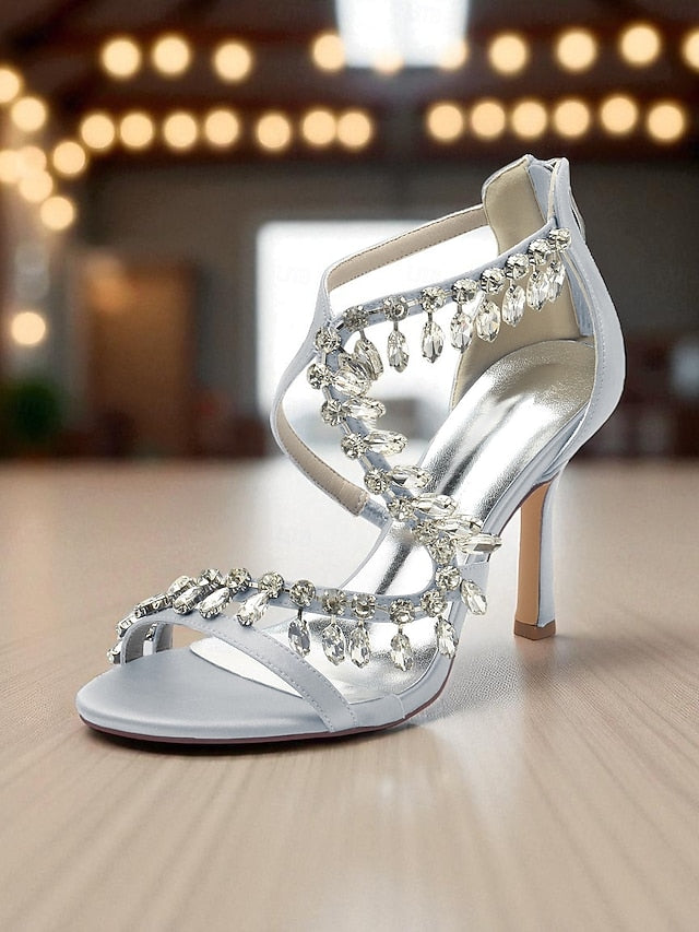 with Strappy Heel High Sandals Rhinestone Women's White