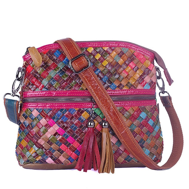 Damen Leder Schultertasche Bohemian Bunt Patchwork - Tasche