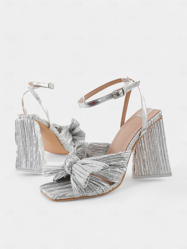 Gold Block and Heel Textured Knot Detail Rose with Sandals