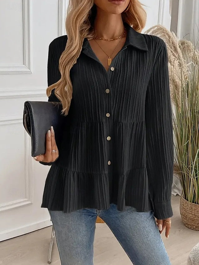 Women's Blouse Ruched Buttons Solid Color Stylish Casual