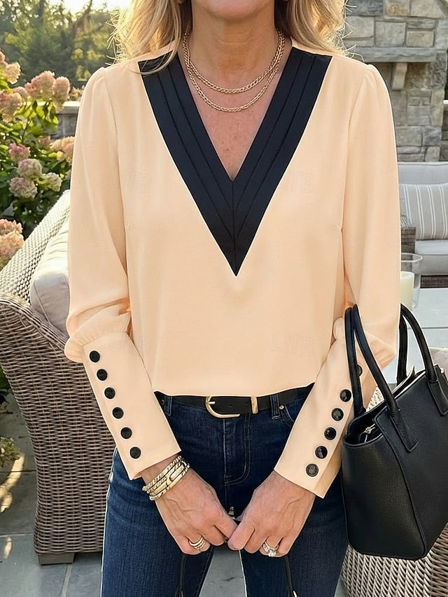 Women's Blouse Buttoned Pleated Work Stylish Modern Long