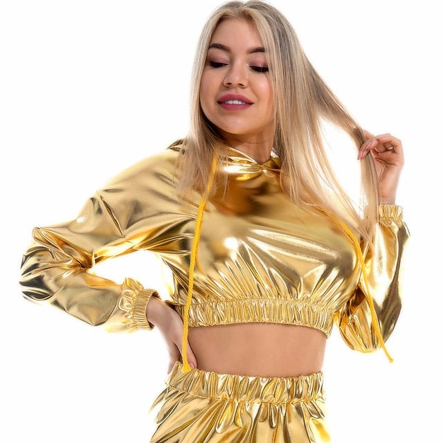 Hip-Hop Shiny 1980s Masquerade Hoodie Spicy Girls Crop Top
