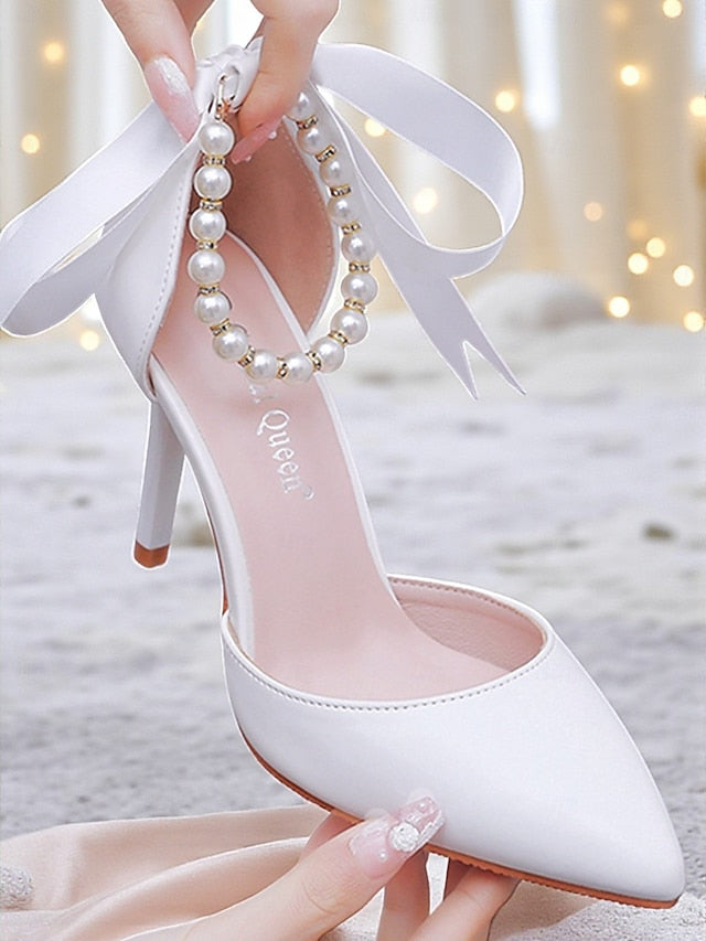 Kitten Pumps with Strap Women's - Pearl Ankle Bow Heel Blue