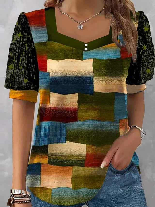 Women's Blouse Print Plaid Color Block Vintage Stylish