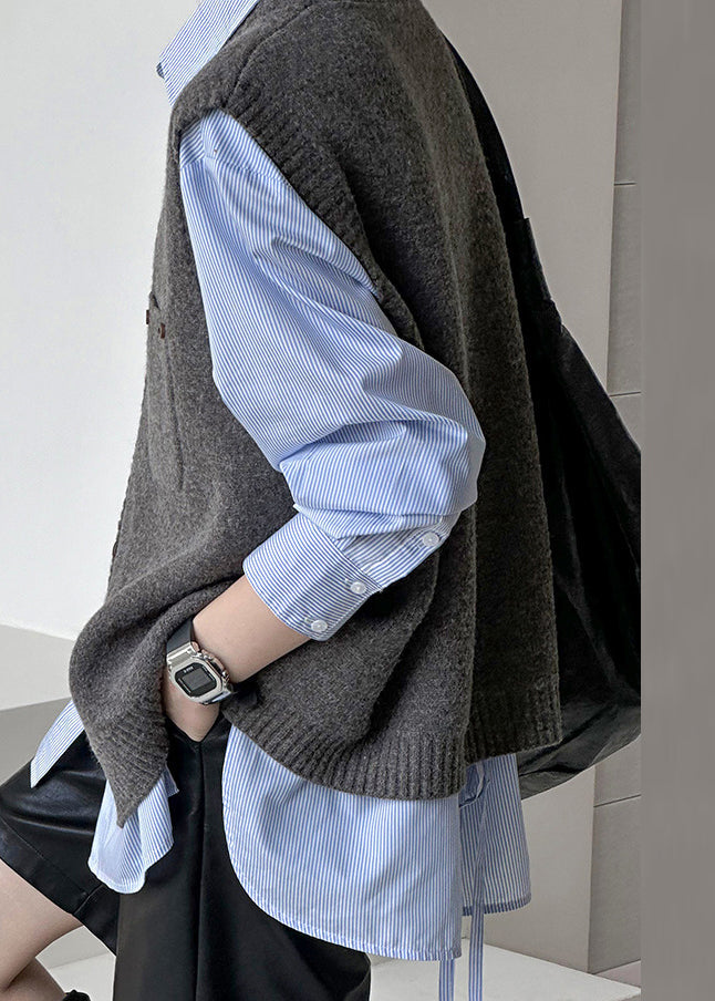Gilet ample en tricot à boutons et col en V gris foncé sans manches AF1042