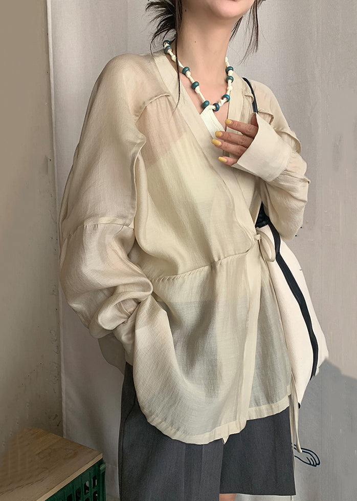 French Apricot V-Ausschnitt Schnürbluse aus Seide und Baumwolle, Langarm EE022