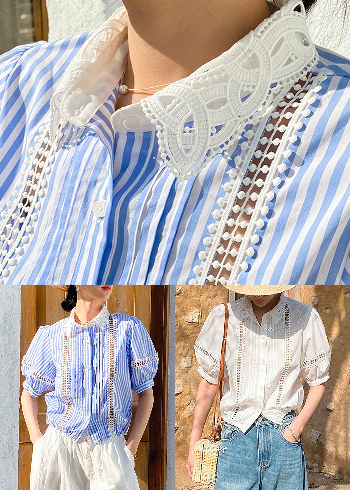 Out Blue Striped Cotton Summer Hollow Fashion Blouses
