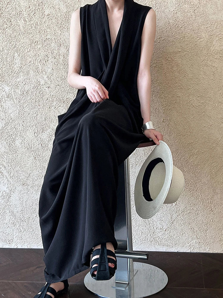 Pockets with Draped Sleeveless Dress Elegant Midi