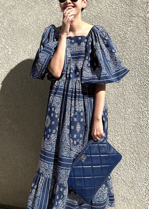 Stilvolles Marineblaues Baumwollkleid mit quadratischem Kragen und Puffärmeln QP039