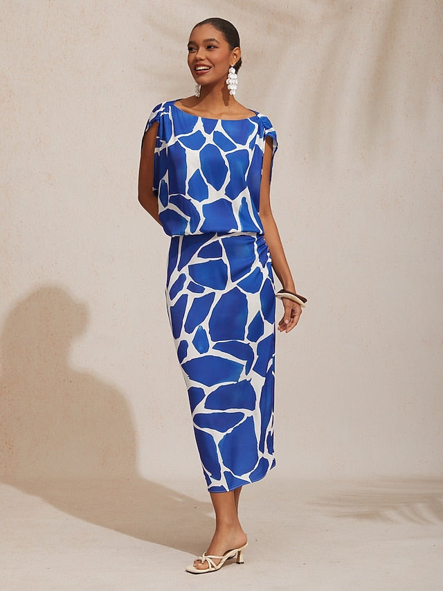 Vacation Geometric Color Block Print Fitted Satin Maxi Dress