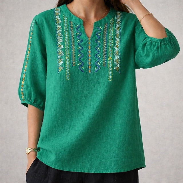 Women's Boho T-shirt Cotton Linen T Shirt Embroidered