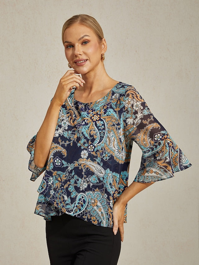 Women's Female Paisley Casual Blue Paisley 3/4 Sleeve