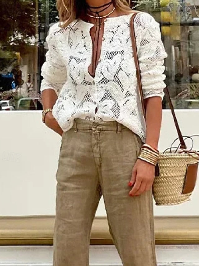 Women's Blouse Cut Out Plain Modern Casual Long Sleeve V