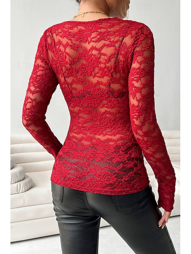 Women's Blouse Lace Tops Lace Plain Stylish Long Sleeve V