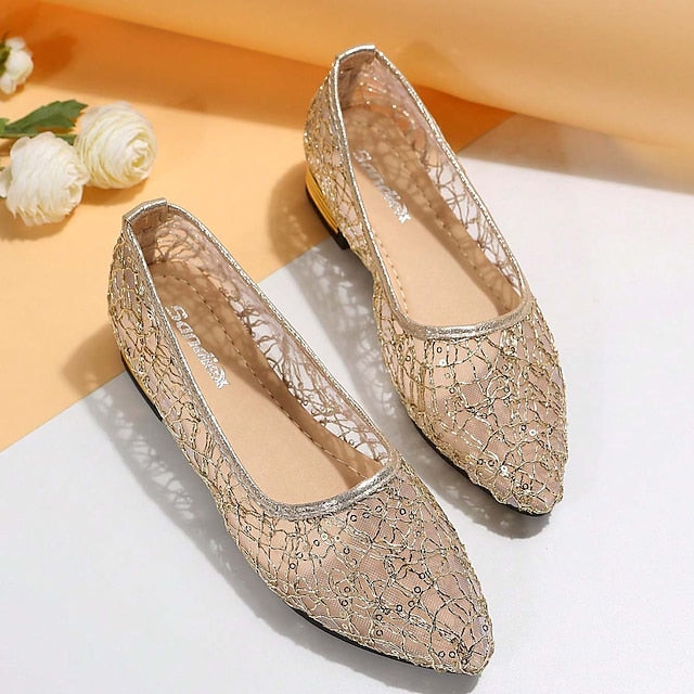 Women's Elegant Sequin Silver Ballet – Mesh Flats