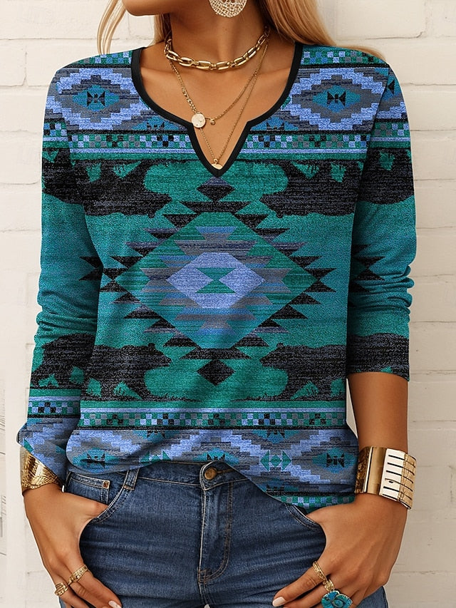 Women's T shirt Long Sleeve Graphic Geometric Vintage
