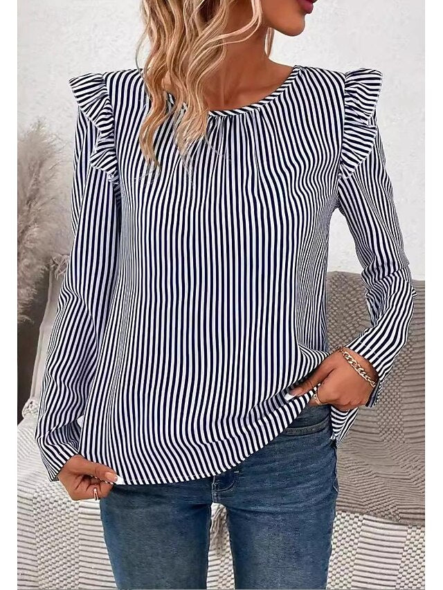 Women's Tunic Ruffle Asymmetric Hem Striped Stylish Long
