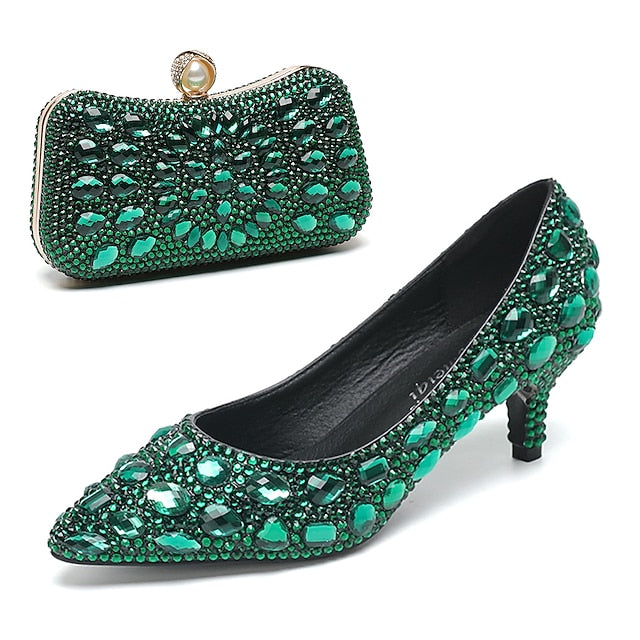 Crystal-Embellished Heel Kitten Shoes Matching and Women's