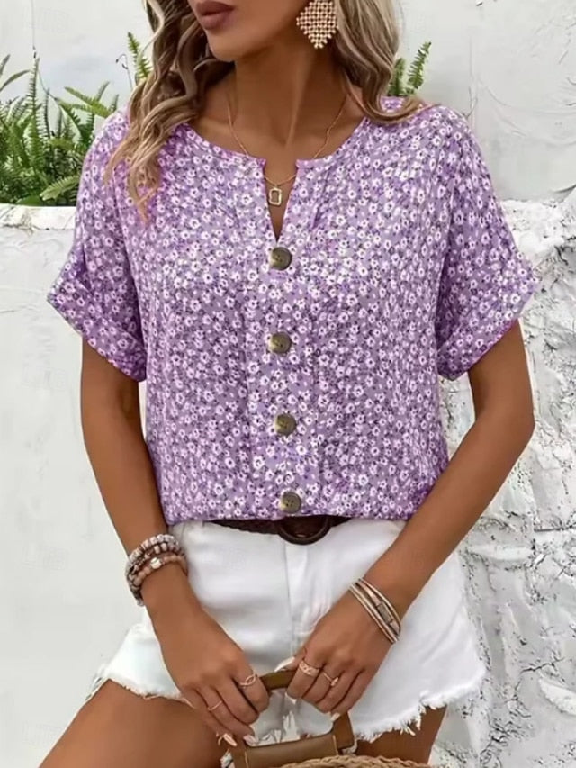 Women's T Shirt Tee Top Buttons Print Floral Fashion